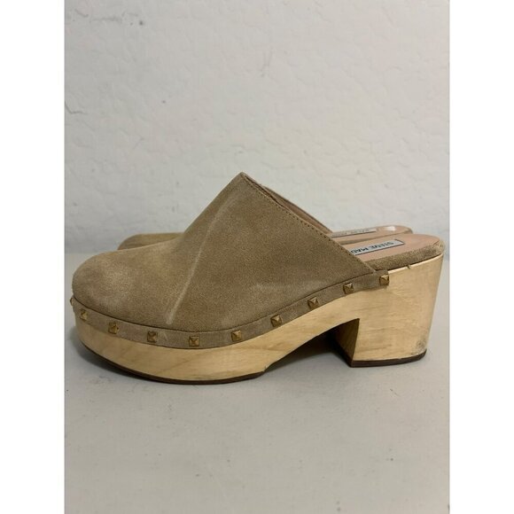 Steve Madden Brooklyn Beige Leather Suede Gold Studded Clog 9M - Picture 4 of 9